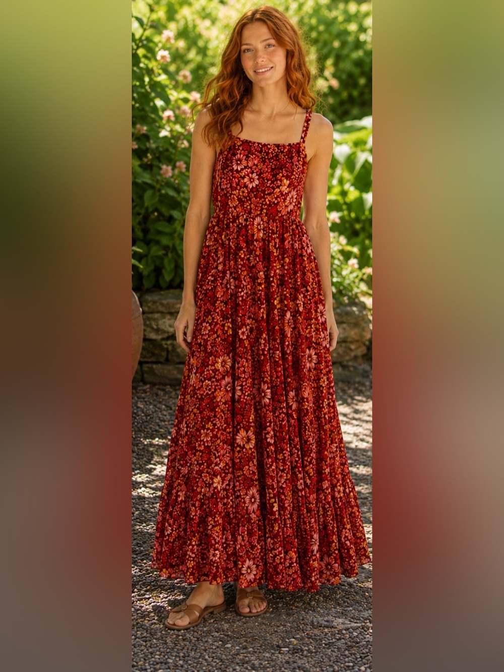 Red Floral Maxi Dress with Yellow Bloom Print